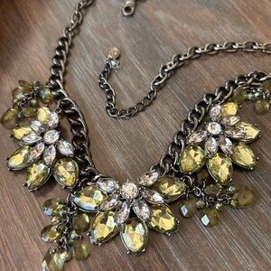 Beautiful statement, necklace, lime, green, and lilac crystals, gunmetal hardwa